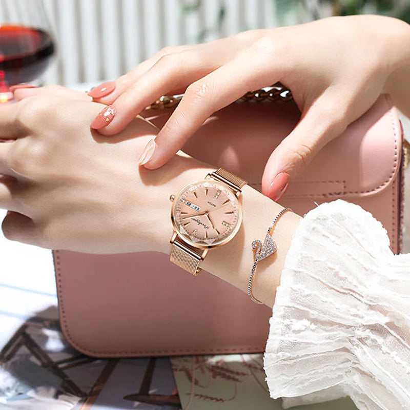 POEDAGAR Women Watches Luxury Rose Gold Mesh Wristwatch Fashion Simple Waterproof Date Ladies Watch Bracelet Clock