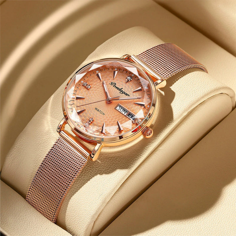 POEDAGAR Women Watches Luxury Rose Gold Mesh Wristwatch Fashion Simple Waterproof Date Ladies Watch Bracelet Clock