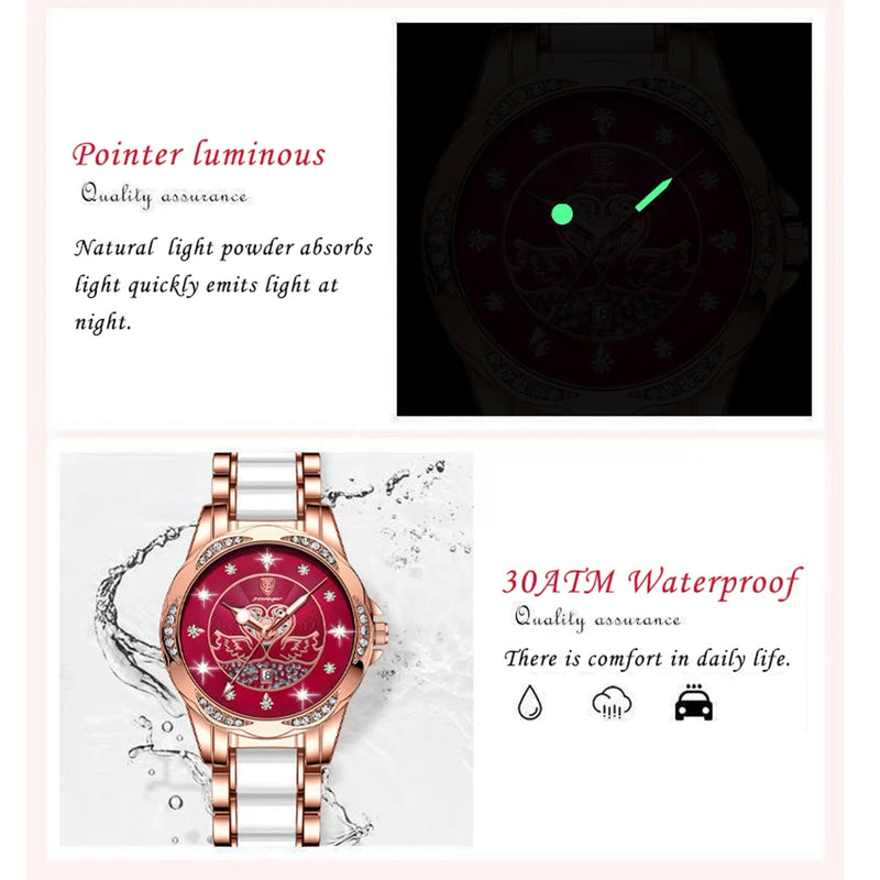 POEDAGAR Women Watch Luxury Quartz Diamond Rose Gold Ceramics Steel Watches Waterproof Luminous Ladies Wristwatches