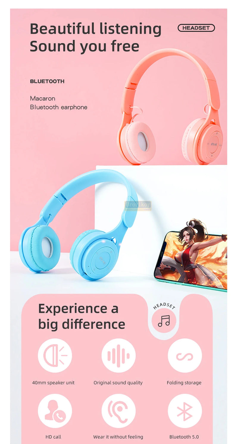 Macaron Headphones Kids Wireless Bluetooth Headphone Stereo Headband Gaming Headset with Mic Gamer Girl Gift for Mobile Tablet