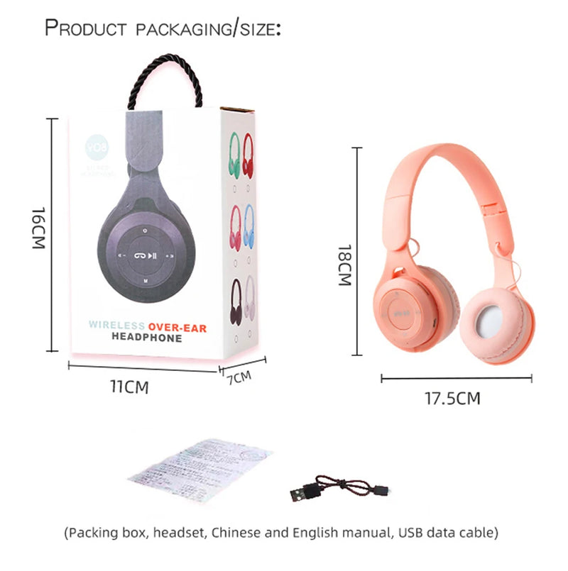 Macaron Headphones Kids Wireless Bluetooth Headphone Stereo Headband Gaming Headset with Mic Gamer Girl Gift for Mobile Tablet