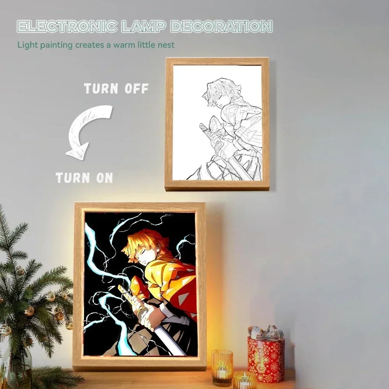 Anime Light Painting Moon Lamp Kyojuro Rengoku Kimetsu Demons Slayer Led Photo Frame for Room Wall Art Hoom Deco No Yaiba Gifts