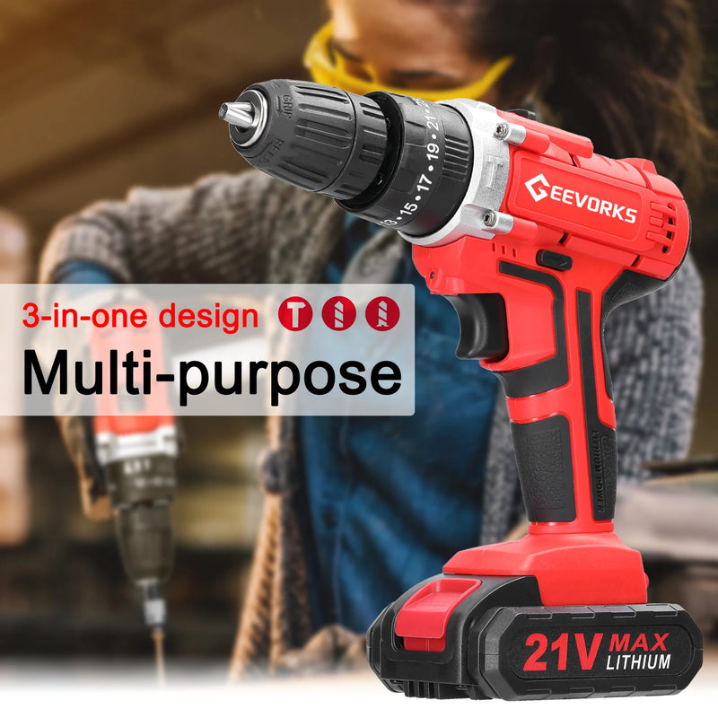 Geevorks 21V Electric Cordless Drill Electric Screwdriver Lithium Battery Wireless Rechargeable Mini Drills Power Tools 2/3 in 1