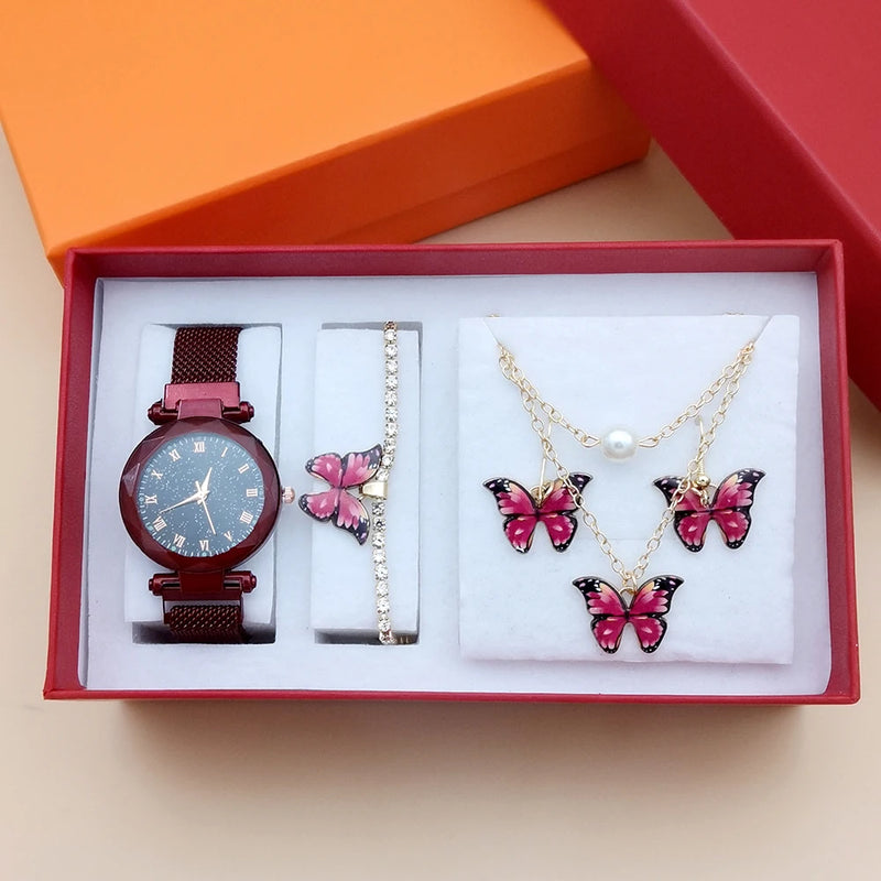 Fashion Women Quartz Watches For Women Magnetic Watch reloj Ladies Simple Dress Dial Wrist Watch Butterfly Jewelry 4Pcs With Box