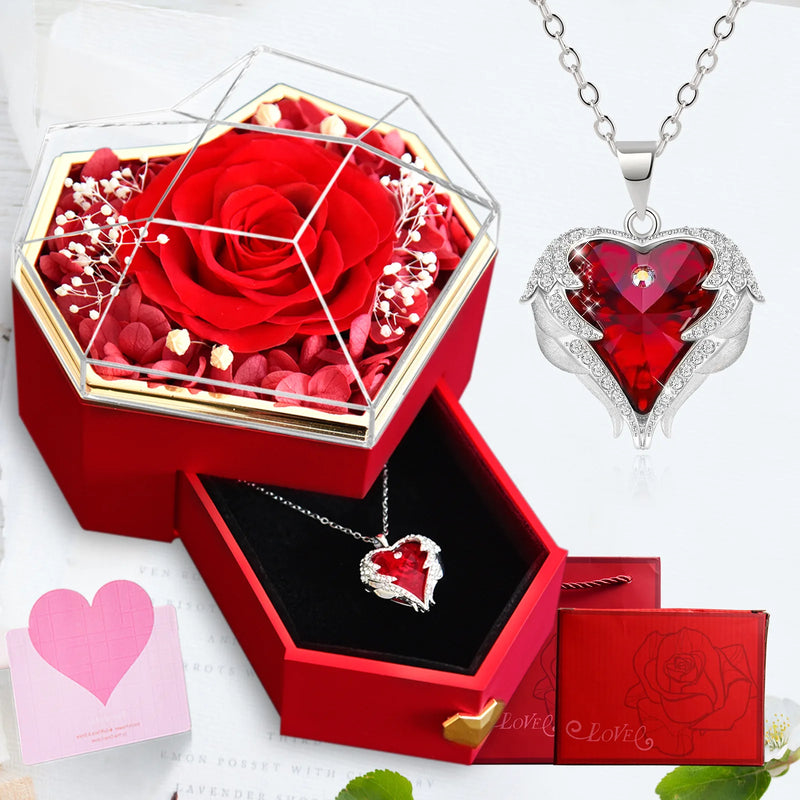 New Hot Selling Valentine's Day Gift Ocean Heart Love Necklace with Eternal Rose Jewelry Box For Girl Mother Christmas Gifts