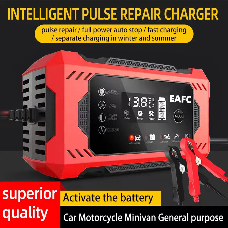 Large Screen Car Battery Charger 6A 12V Car and Motorcycle Battery Charging Device Lead-acid Battery Smart Repair LCD Display