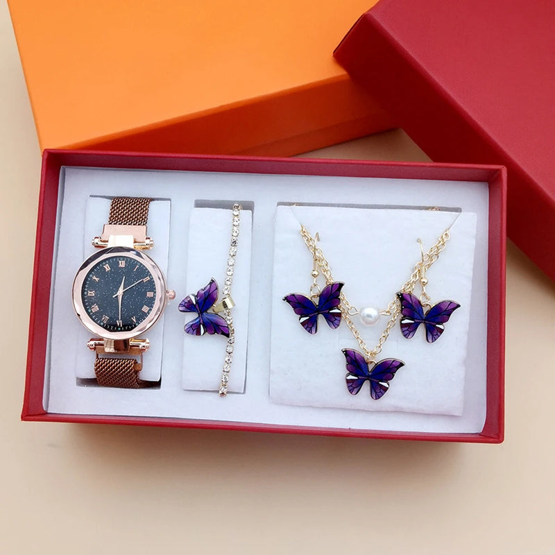 Fashion Women Quartz Watches For Women Magnetic Watch reloj Ladies Simple Dress Dial Wrist Watch Butterfly Jewelry 4Pcs With Box