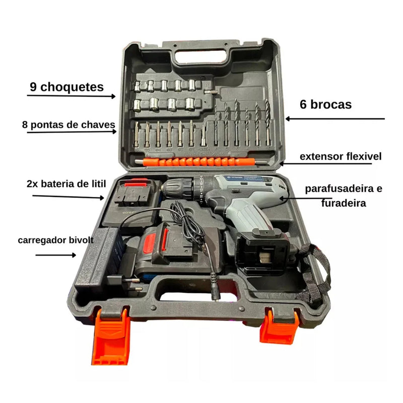 Furadeira Parafusadeira Eletrica Sem Fio 2 Bateria Bivolt