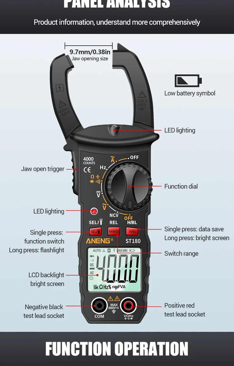 ANENG ST180 4000 Counts Digital Clamp Meter AC Current Multimeter Ammeter Voltage Tester Car Amp Hz Capacitance NCV Ohm Tool