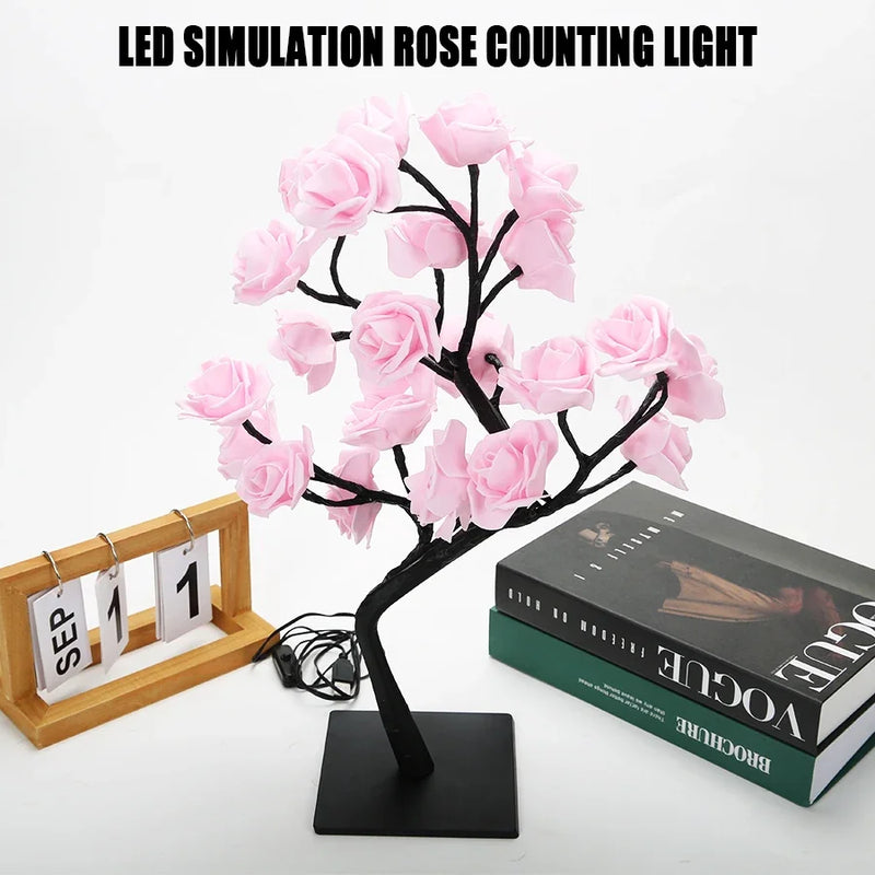 Luminária de Árvore com Rosas Iluminadas - 24 LEDs, USB, Luz Decorativa Romântica para Quarto e Mesa