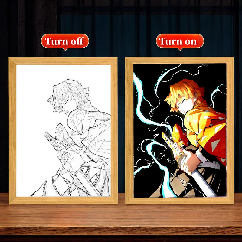 Anime Light Painting Moon Lamp Kyojuro Rengoku Kimetsu Demons Slayer Led Photo Frame for Room Wall Art Hoom Deco No Yaiba Gifts