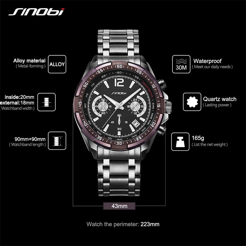 SINOBI Top Luxury Style Men's Watches Original Design Mans Quartz Wristwatches Chronograph Gifts Clock for Husband, Friend