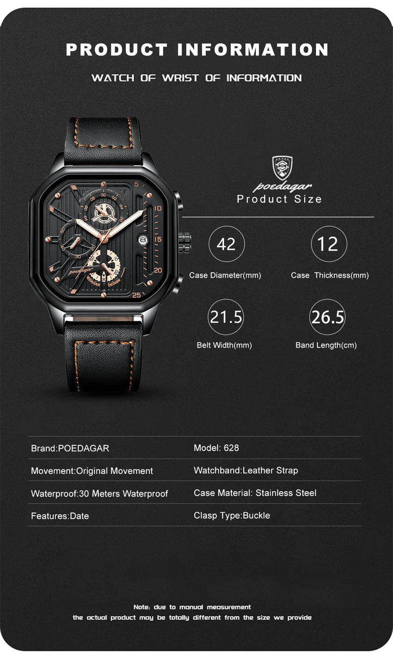 POEDAGAR Luxury Casual Men's Watch Fashion Sports Chronograph Leather Watches Waterproof Luminous Military Men Wristwatch Gift