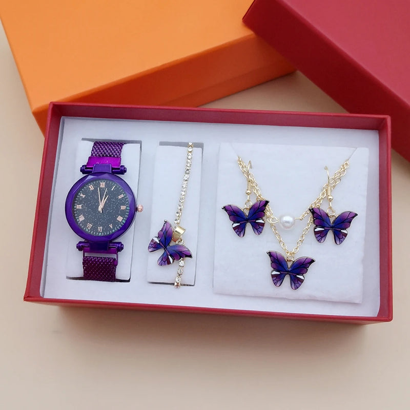 Fashion Women Quartz Watches For Women Magnetic Watch reloj Ladies Simple Dress Dial Wrist Watch Butterfly Jewelry 4Pcs With Box