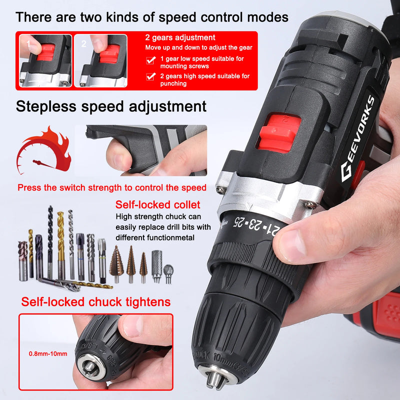 Geevorks 21V Electric Cordless Drill Electric Screwdriver Lithium Battery Wireless Rechargeable Mini Drills Power Tools 2/3 in 1