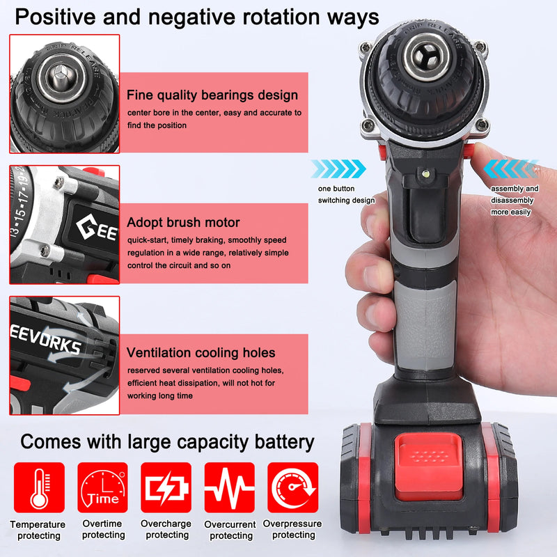 Geevorks 21V Electric Cordless Drill Electric Screwdriver Lithium Battery Wireless Rechargeable Mini Drills Power Tools 2/3 in 1