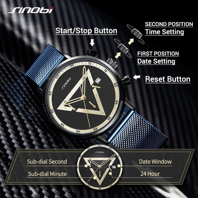 Sinobi Fashion Men's Watches Creative Design Quartz Wristwatches Chronograph Multifunction Man's Sports Watches Gifts for Male