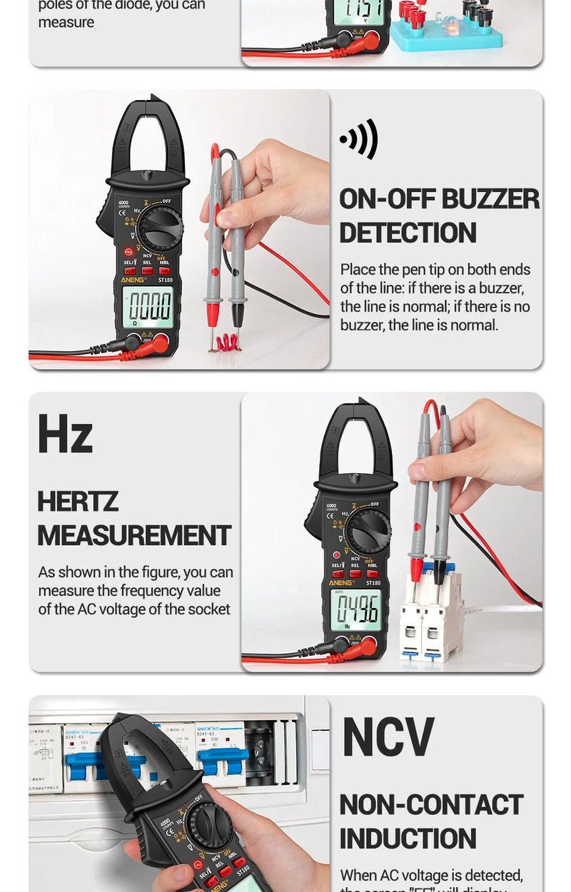 ANENG ST180 4000 Counts Digital Clamp Meter AC Current Multimeter Ammeter Voltage Tester Car Amp Hz Capacitance NCV Ohm Tool