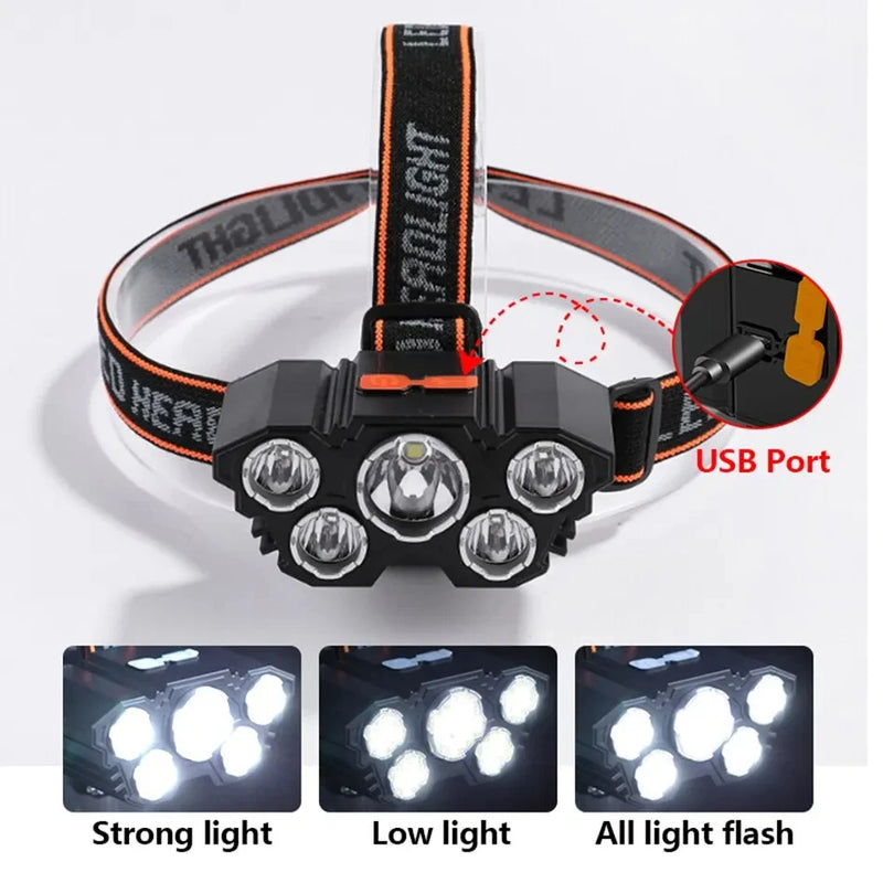 5 LED Headlamp Rechargeable Flashlight with Built-in 18650 Battery Strong Light Camping Adventure Fishing Head Light Headlamp