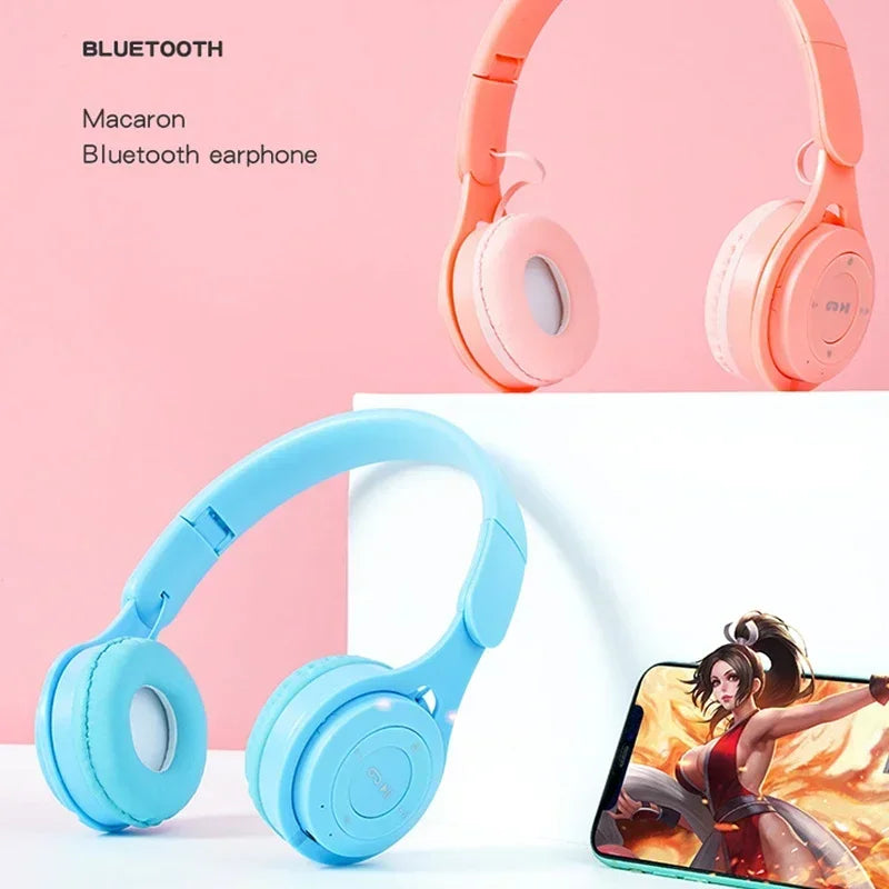 Macaron Headphones Kids Wireless Bluetooth Headphone Stereo Headband Gaming Headset with Mic Gamer Girl Gift for Mobile Tablet