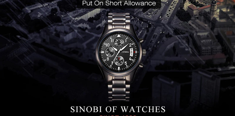 SINOBI Luxury Men Waterproof Stainless Steel Pilot Wrist Watches Chronograph Date Sport Diver Luminous Quartz Watch Montre Homme