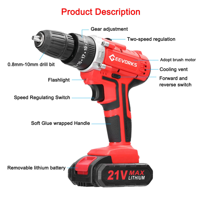 Geevorks 21V Electric Cordless Drill Electric Screwdriver Lithium Battery Wireless Rechargeable Mini Drills Power Tools 2/3 in 1