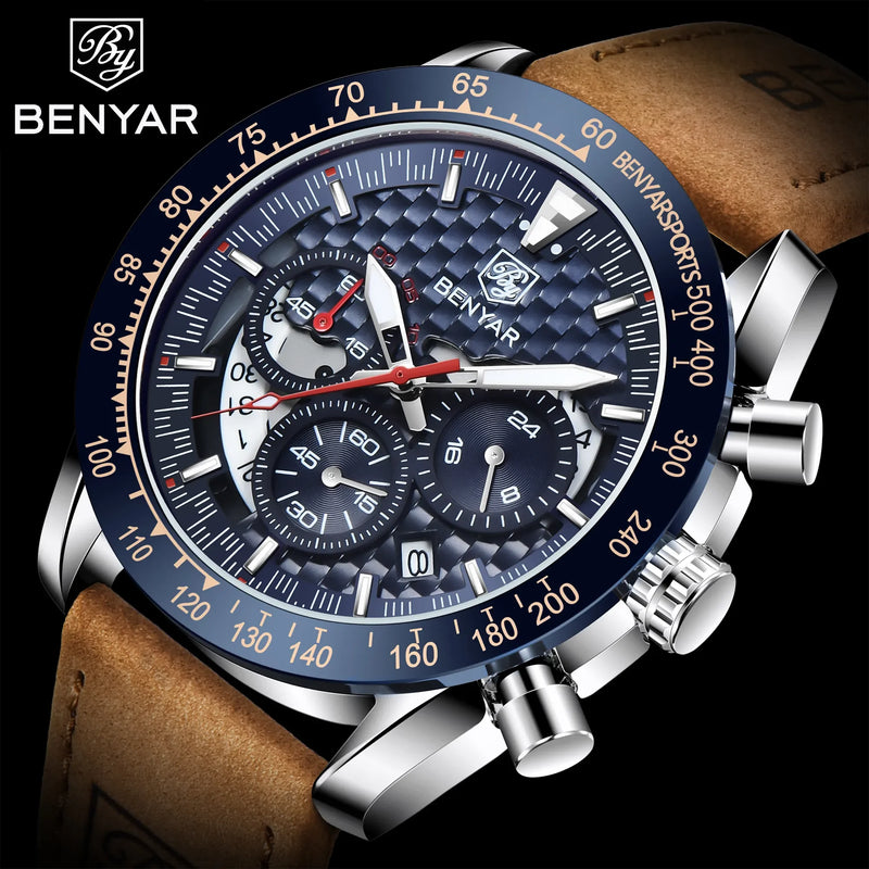 BENYAR Top Brand New Men Watches Leather Strap Luxury Waterproof Sport Quartz Chronograph Military Watch Men Clock Reloj Hombre