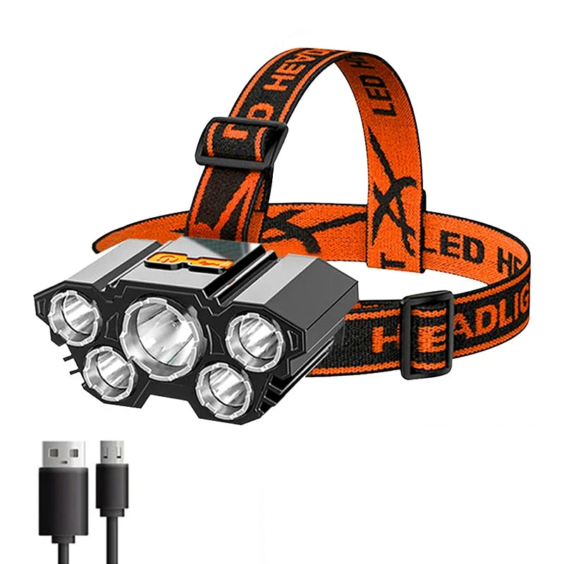 5 LED Headlamp Rechargeable Flashlight with Built-in 18650 Battery Strong Light Camping Adventure Fishing Head Light Headlamp