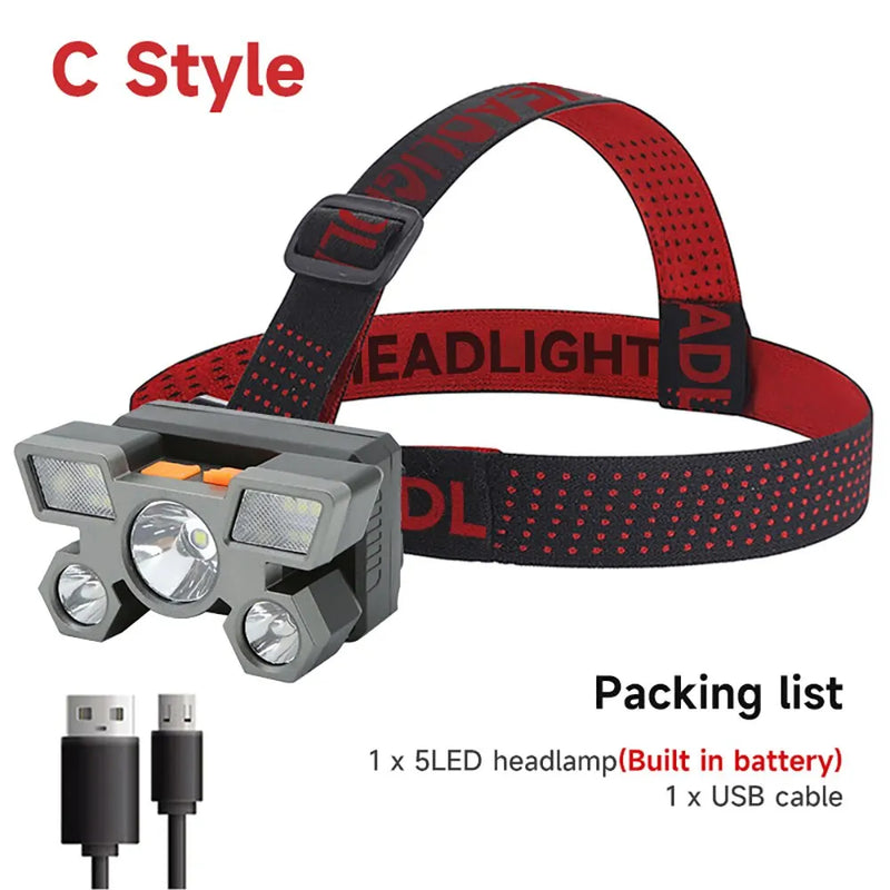 5 LED Headlamp Rechargeable Flashlight with Built-in 18650 Battery Strong Light Camping Adventure Fishing Head Light Headlamp