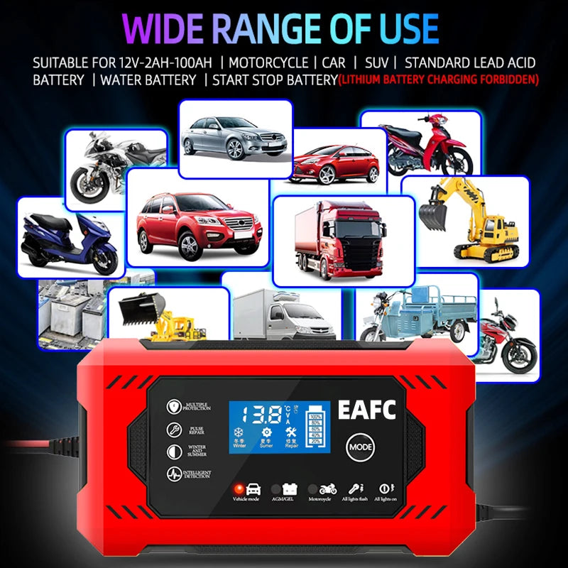 Large Screen Car Battery Charger 6A 12V Car and Motorcycle Battery Charging Device Lead-acid Battery Smart Repair LCD Display