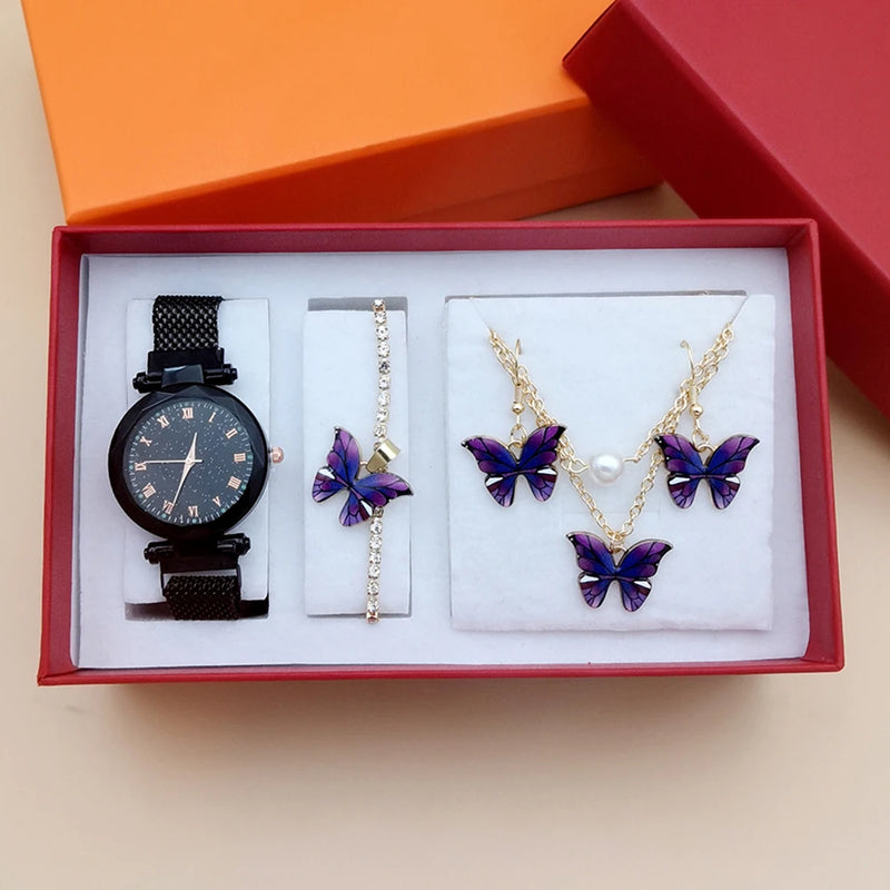 Fashion Women Quartz Watches For Women Magnetic Watch reloj Ladies Simple Dress Dial Wrist Watch Butterfly Jewelry 4Pcs With Box