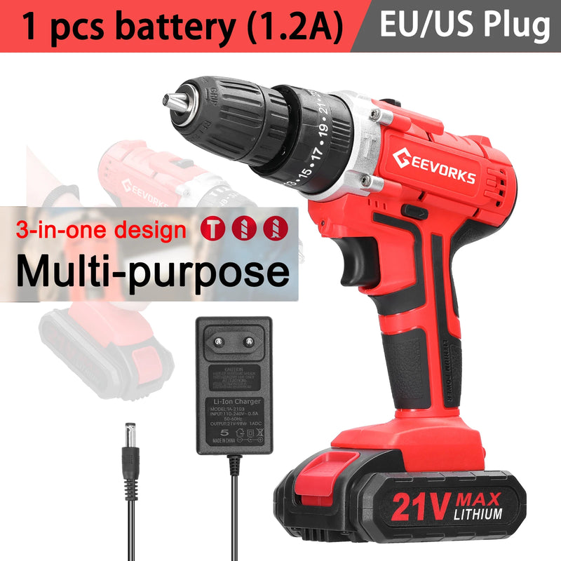 Geevorks 21V Electric Cordless Drill Electric Screwdriver Lithium Battery Wireless Rechargeable Mini Drills Power Tools 2/3 in 1