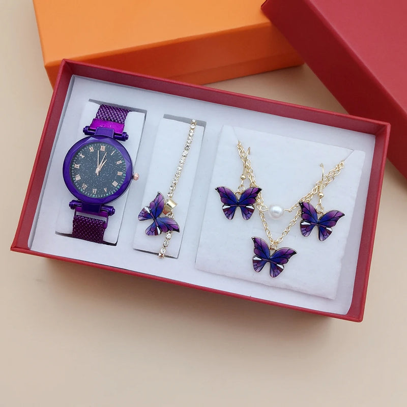 Fashion Women Quartz Watches For Women Magnetic Watch reloj Ladies Simple Dress Dial Wrist Watch Butterfly Jewelry 4Pcs With Box