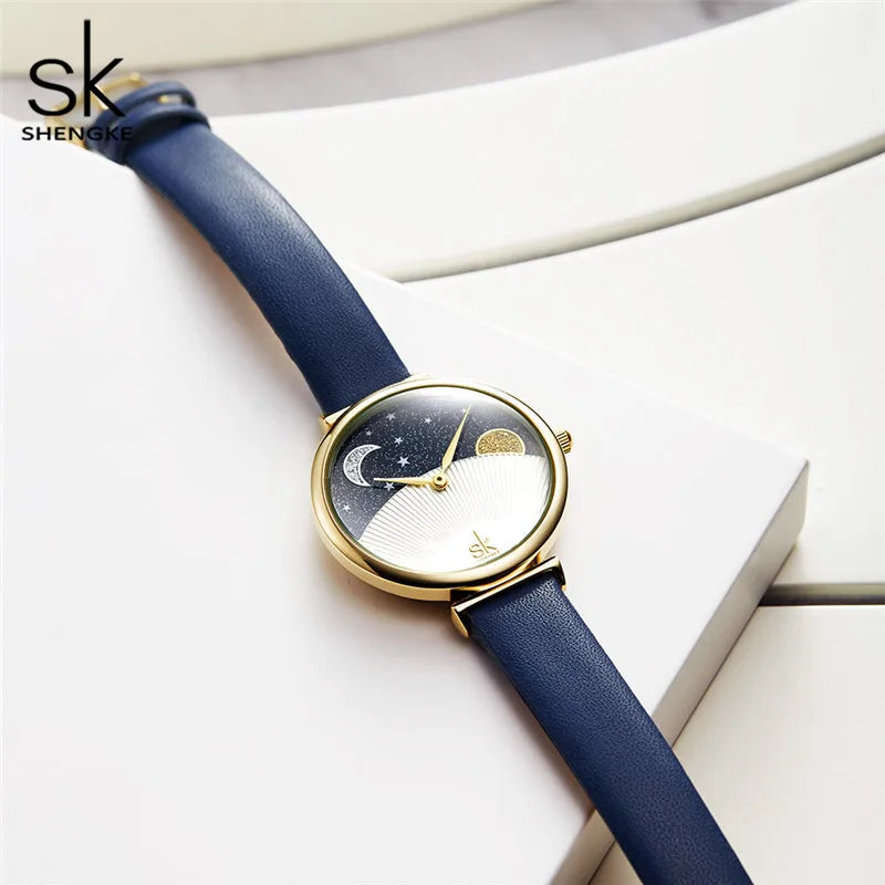 Shengke Original Design Woman Watches Fashion Leather Strap Moon and Star Women's Quartz Wristwatches Top Brand Ladies Clock