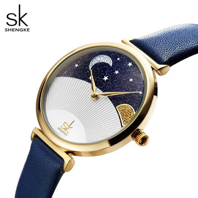 Shengke Original Design Woman Watches Fashion Leather Strap Moon and Star Women's Quartz Wristwatches Top Brand Ladies Clock