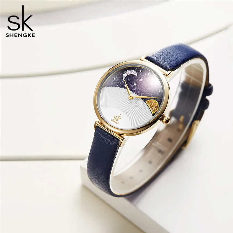 Shengke Original Design Woman Watches Fashion Leather Strap Moon and Star Women's Quartz Wristwatches Top Brand Ladies Clock