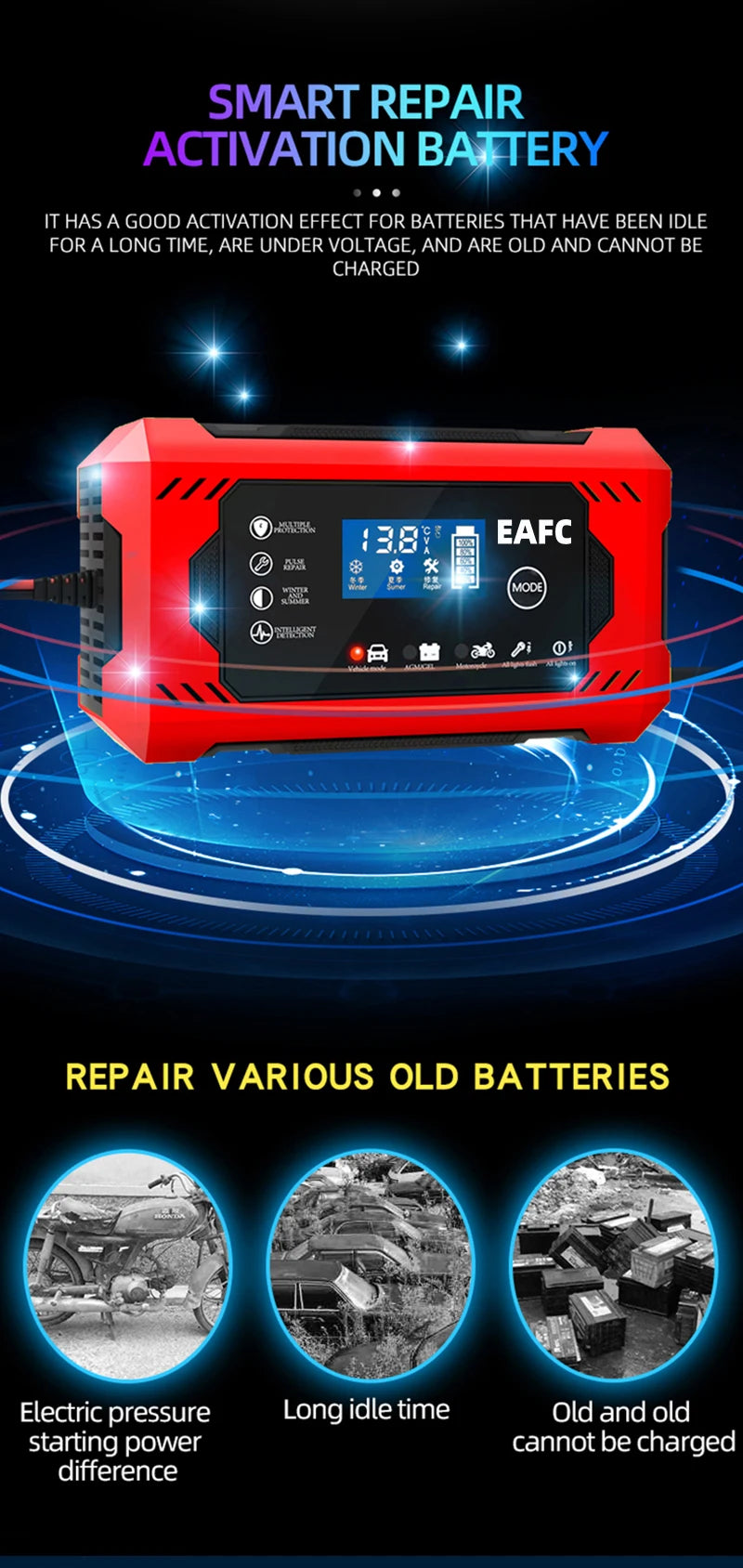 Large Screen Car Battery Charger 6A 12V Car and Motorcycle Battery Charging Device Lead-acid Battery Smart Repair LCD Display