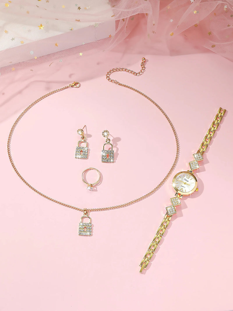 4 Pieces/Set: 1 Gold Women's Fashion Polygon With Rhinestone Chain Quartz Watch With A Square Jewelry Diamond Ring Gift Set