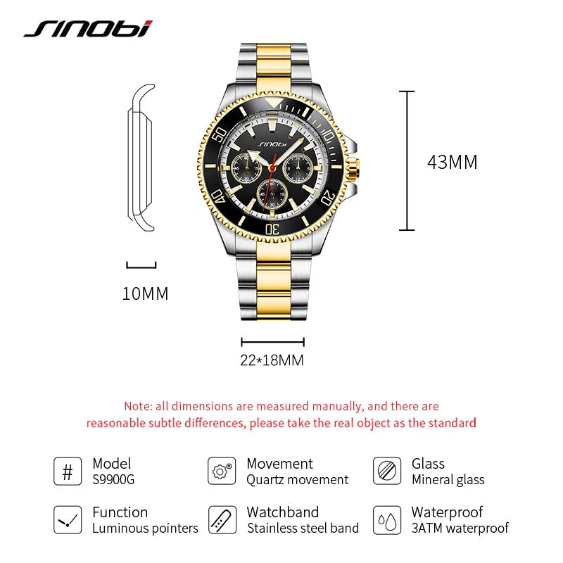 SINOBI Top Luxury Men's Watches Fashion Stainless Steel Mans Quartz Wristwatches Casual Design Male Hot sale style Gifts Clock