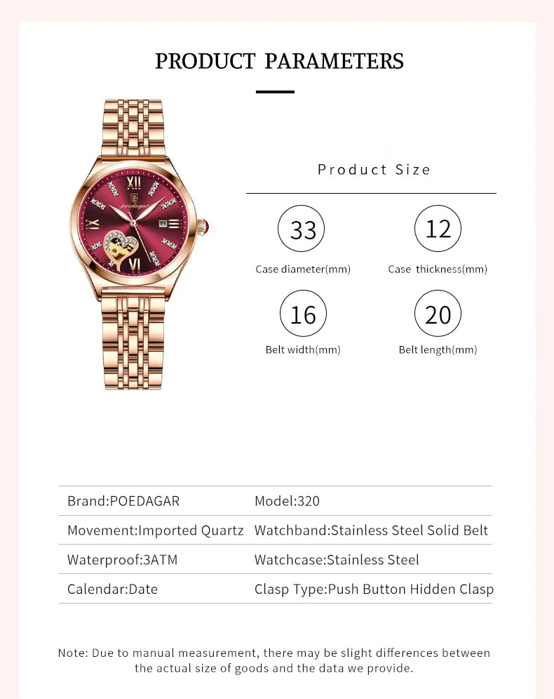 POEDAGAR Women Watches Fashion Rose Gold Stainless Stain Steel Ladies Watch Waterproof Quarzt Wristwatch Romatic Girlfriend Gift