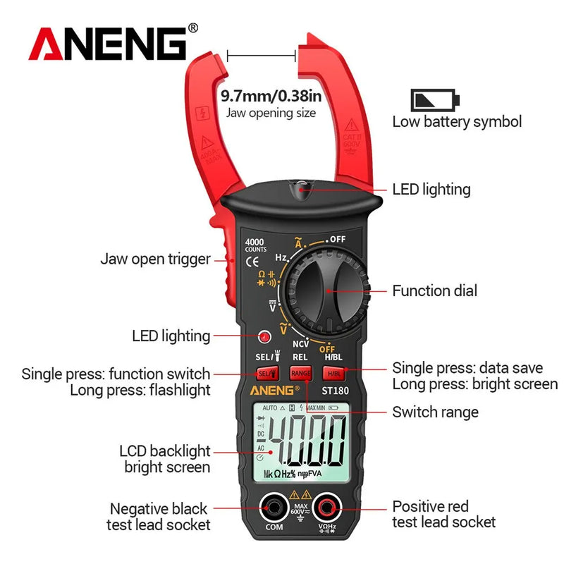 ANENG ST180 4000 Counts Digital Clamp Meter AC Current Multimeter Ammeter Voltage Tester Car Amp Hz Capacitance NCV Ohm Tool