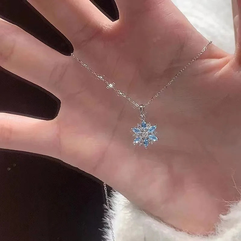 Blue Zircon Snowflake Necklace With Rose Flower Gift Box For Wife Girlfriend Lover Wedding Gift 2024 New Luxury Romantic