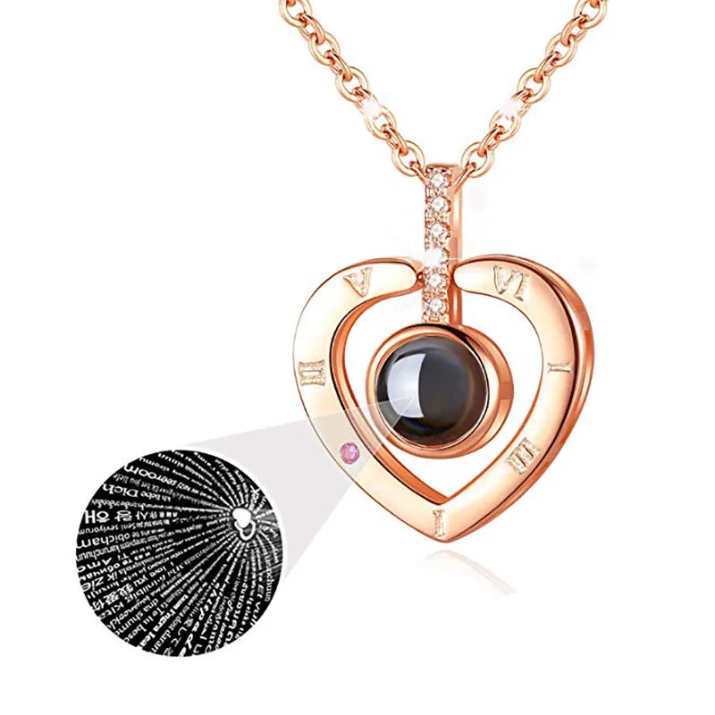 Projection Necklace Set With Rose Gift Box 100 Languages I Love You Heart Pendant Jewelry 2023 Hot Sale Accessories Dropshipping