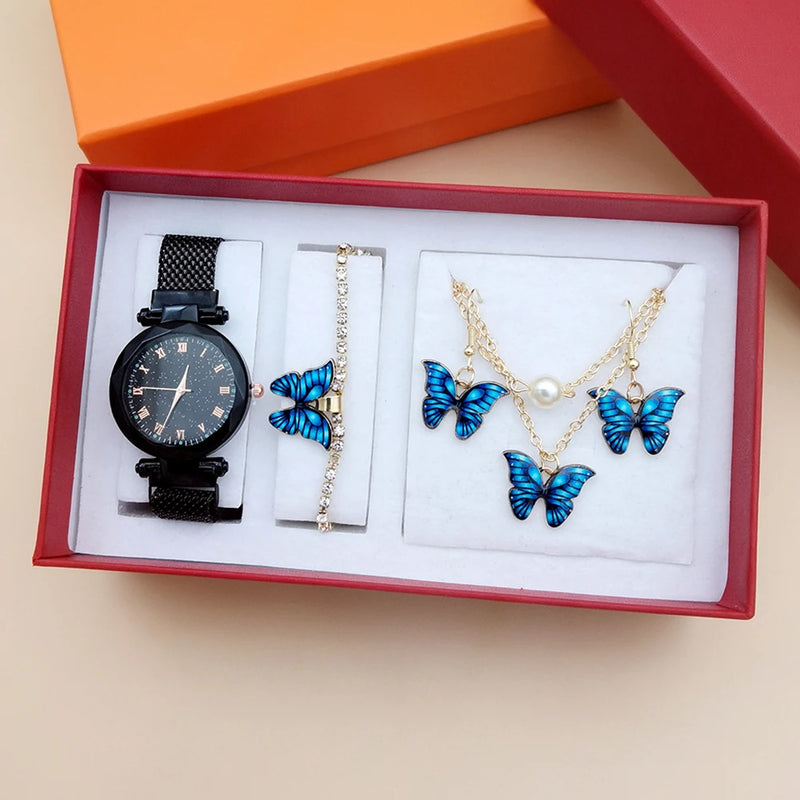 Fashion Women Quartz Watches For Women Magnetic Watch reloj Ladies Simple Dress Dial Wrist Watch Butterfly Jewelry 4Pcs With Box