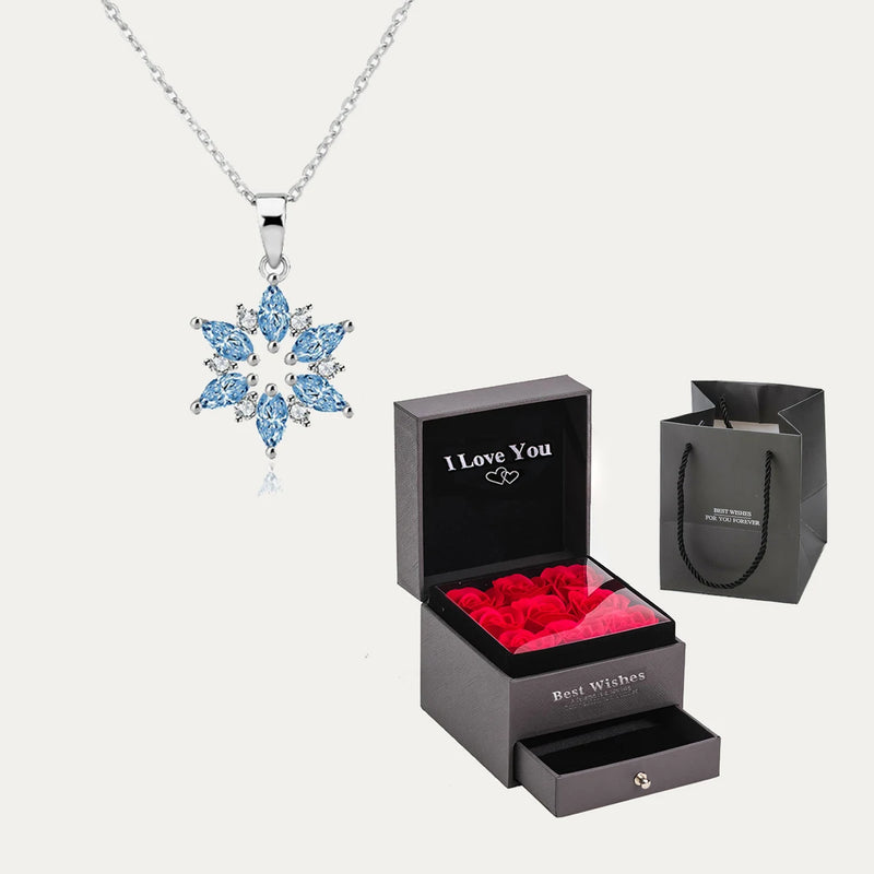 Blue Zircon Snowflake Necklace With Rose Flower Gift Box For Wife Girlfriend Lover Wedding Gift 2024 New Luxury Romantic